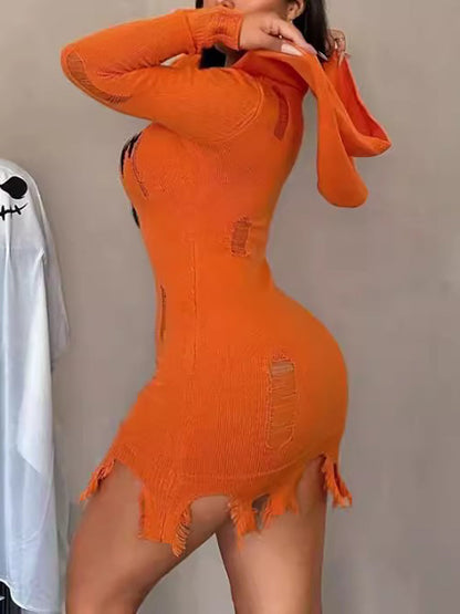 Halloween Pumpkin Ripped Knit Hoodie Dress