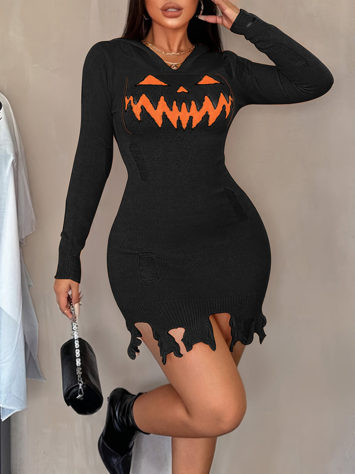 Halloween Pumpkin Ripped Knit Hoodie Dress
