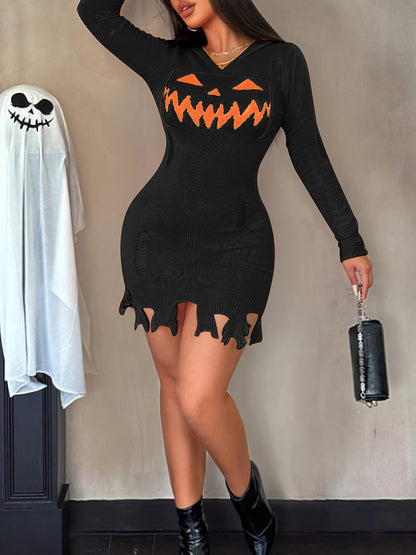 Halloween Pumpkin Ripped Knit Hoodie Dress