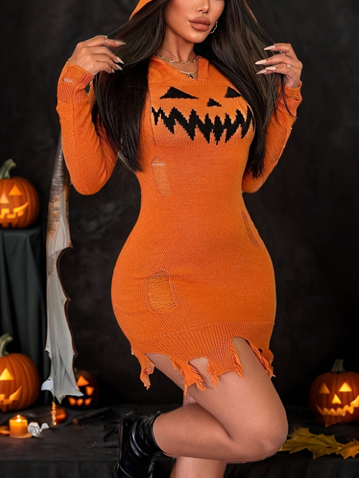 Halloween Pumpkin Ripped Knit Hoodie Dress