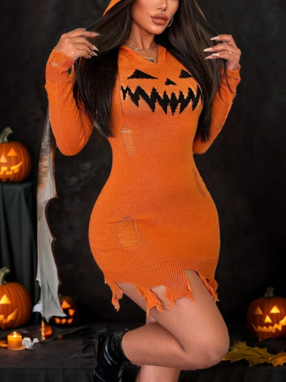 Halloween Pumpkin Ripped Knit Hoodie Dress
