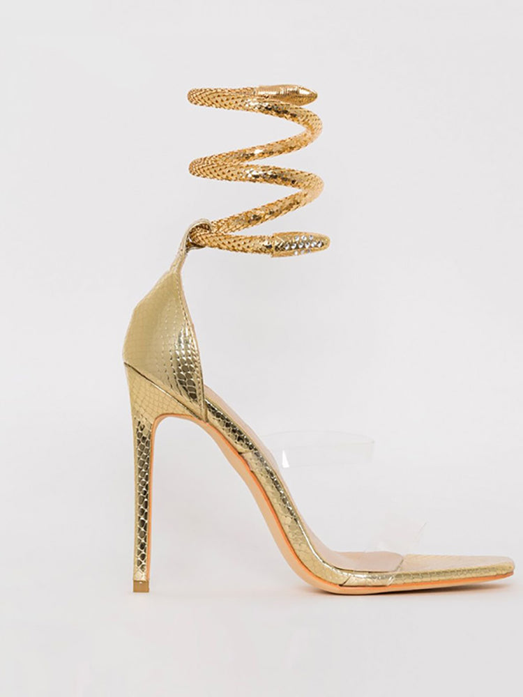 Rhinestone Serpentine Metal Ring High Heel Sandal