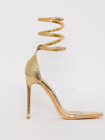 Rhinestone Serpentine Metal Ring High Heel Sandal