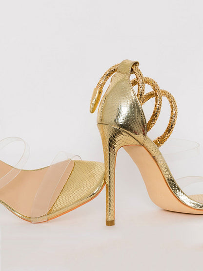 Rhinestone Serpentine Metal Ring High Heel Sandal