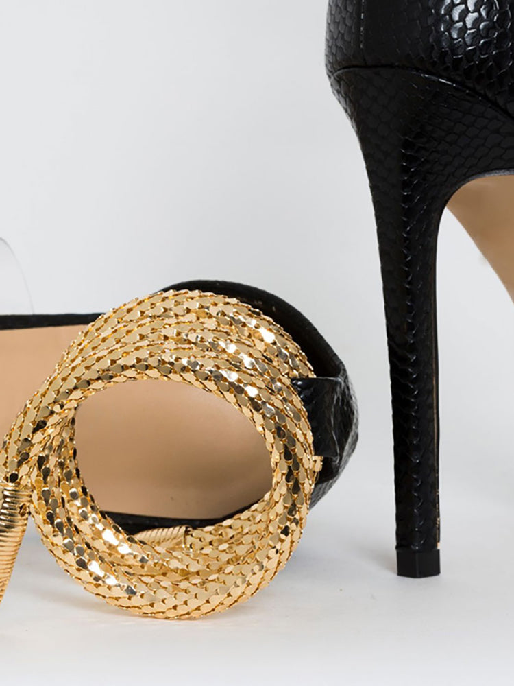 Rhinestone Serpentine Metal Ring High Heel Sandal