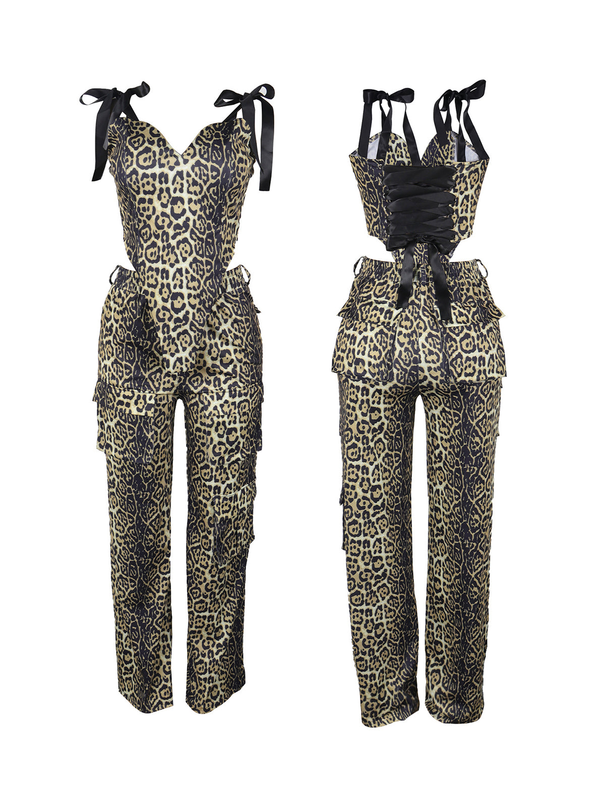 Two Pieces Print Lace-Up Cargo Pants Set