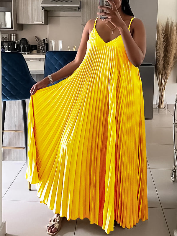 Solid Color Loose Strap Beach Pleated Dress