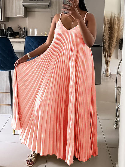Solid Color Loose Strap Beach Pleated Dress