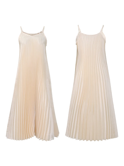 Solid Color Loose Strap Beach Pleated Dress