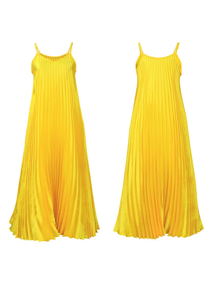 Solid Color Loose Strap Beach Pleated Dress