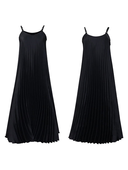 Solid Color Loose Strap Beach Pleated Dress