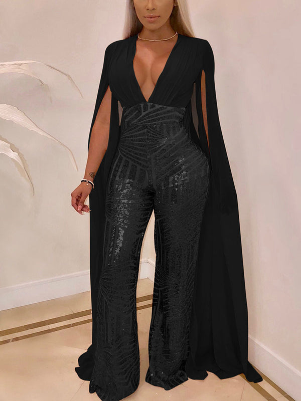 Glitter Deep V Neck Cape sleeve Wide Leg Pant Jumpsuit