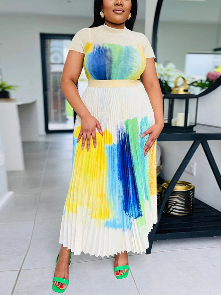 Trajes falda plisada con estampado floral de manga corta