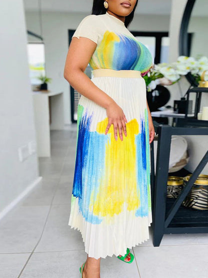 Trajes falda plisada con estampado floral de manga corta