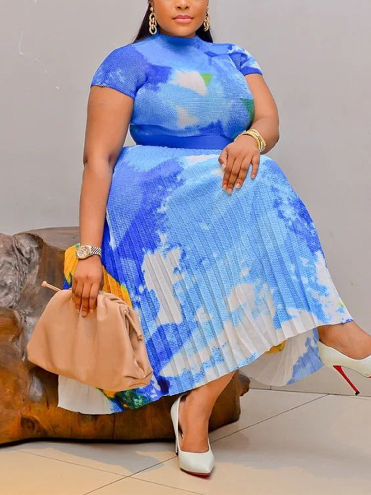 Trajes falda plisada con estampado floral de manga corta