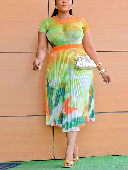 Trajes falda plisada con estampado floral de manga corta