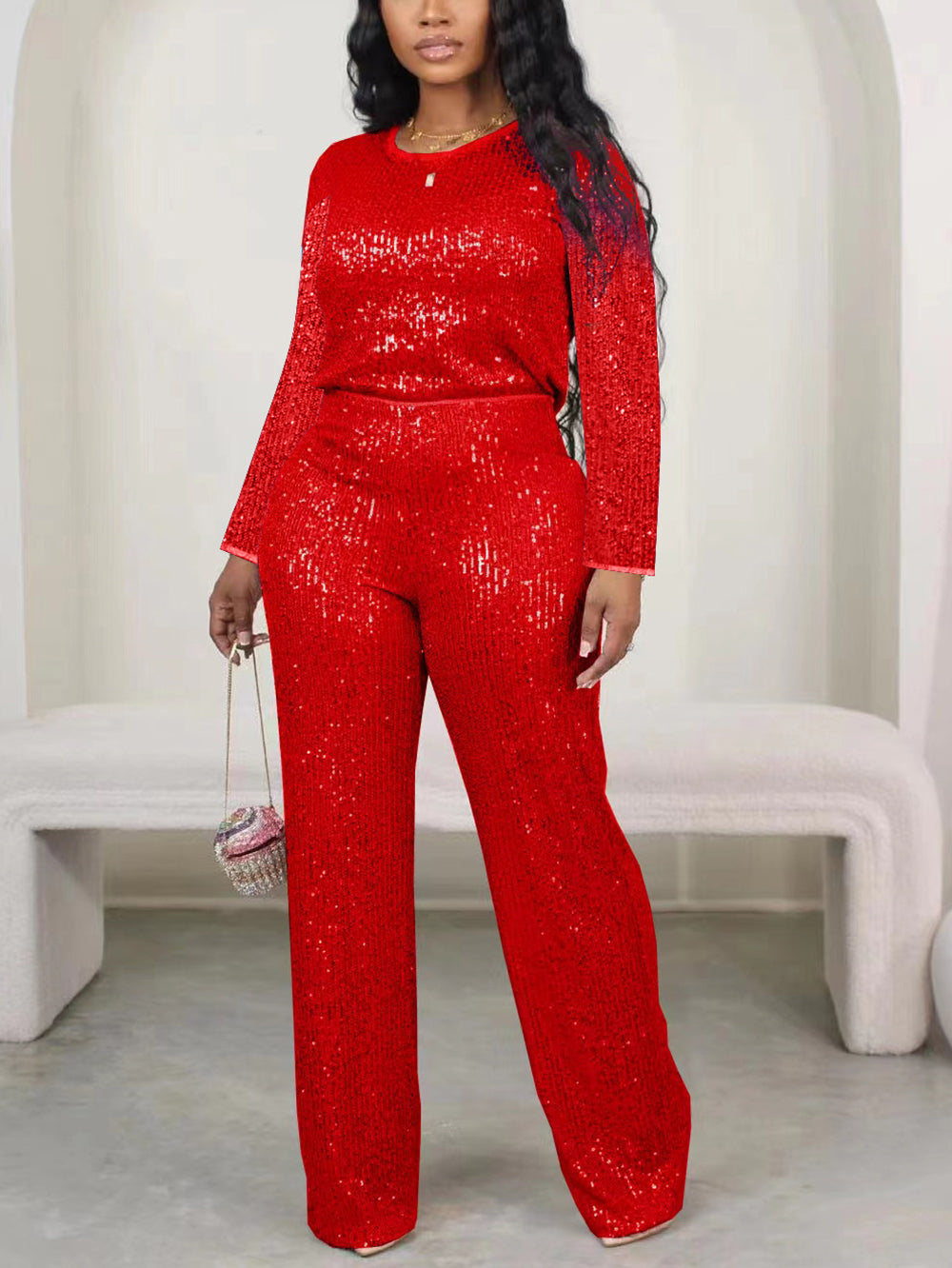 Conjunto de manga larga con lentejuelas de color liso