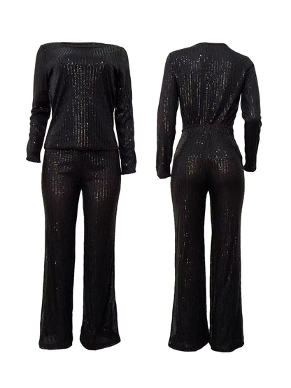 Conjunto de manga larga con lentejuelas de color liso