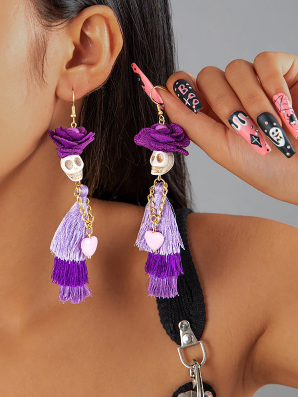 Halloween Skull Tassel Beaded Earrings