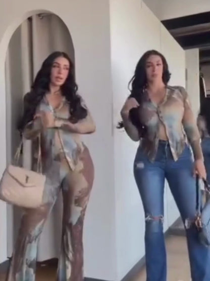 Two Piece Mesh Print Shirt Pants Set