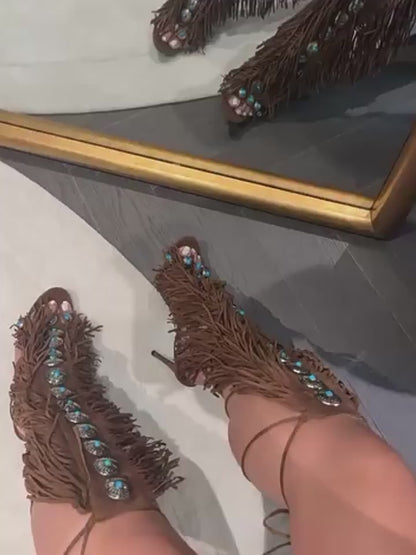 Boho Gemstone Lace-Up Fringe Heeled Sandals