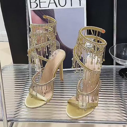Rhinestone Fringe Ankle-Wrap Stiletto Heels