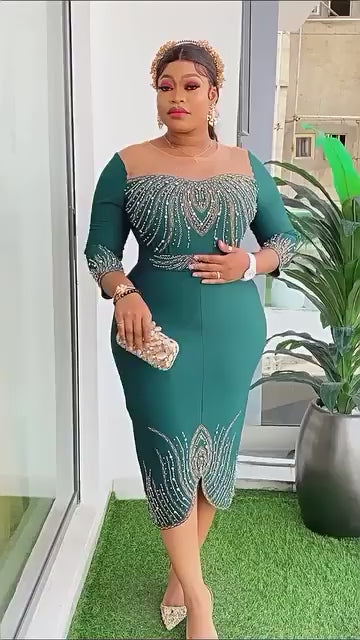 Mid-Sleeve Beaded & Rhinestone Party Dress