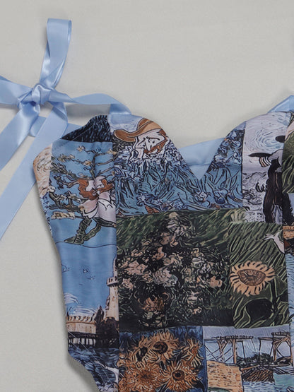 Two Pieces Print Lace-Up Cargo Pants Set