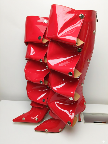 Studded Ruched Stacked Heel Long Boots