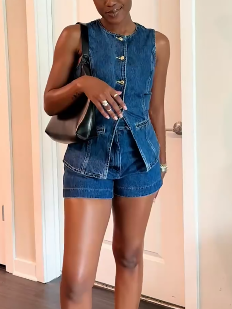Two Piece Blazer Vest Denim Short Sets