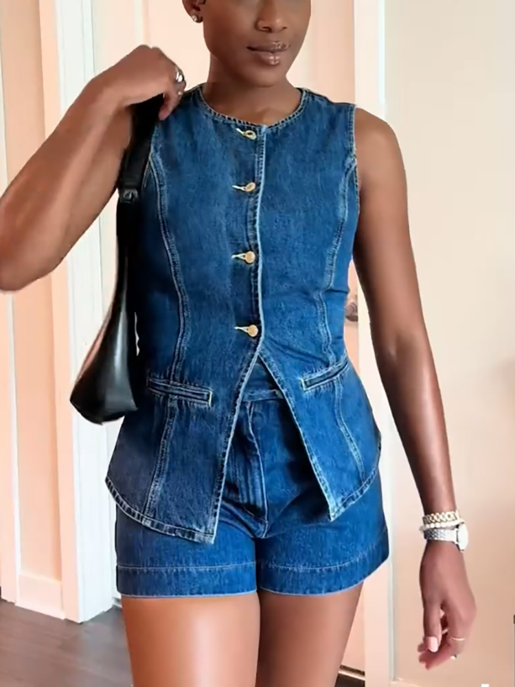 Two Piece Blazer Vest Denim Short Sets