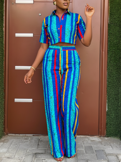 Striped Shirt Wide Leg Pants Set