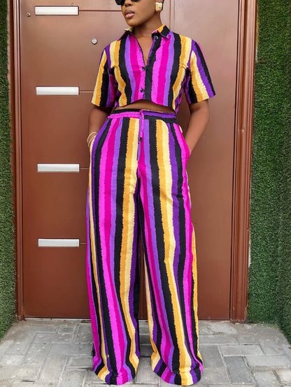 Striped Shirt Wide Leg Pants Set