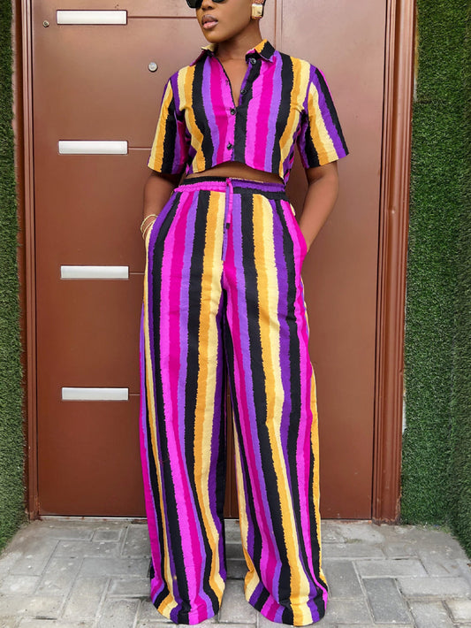 Striped Shirt Wide Leg Pants Set