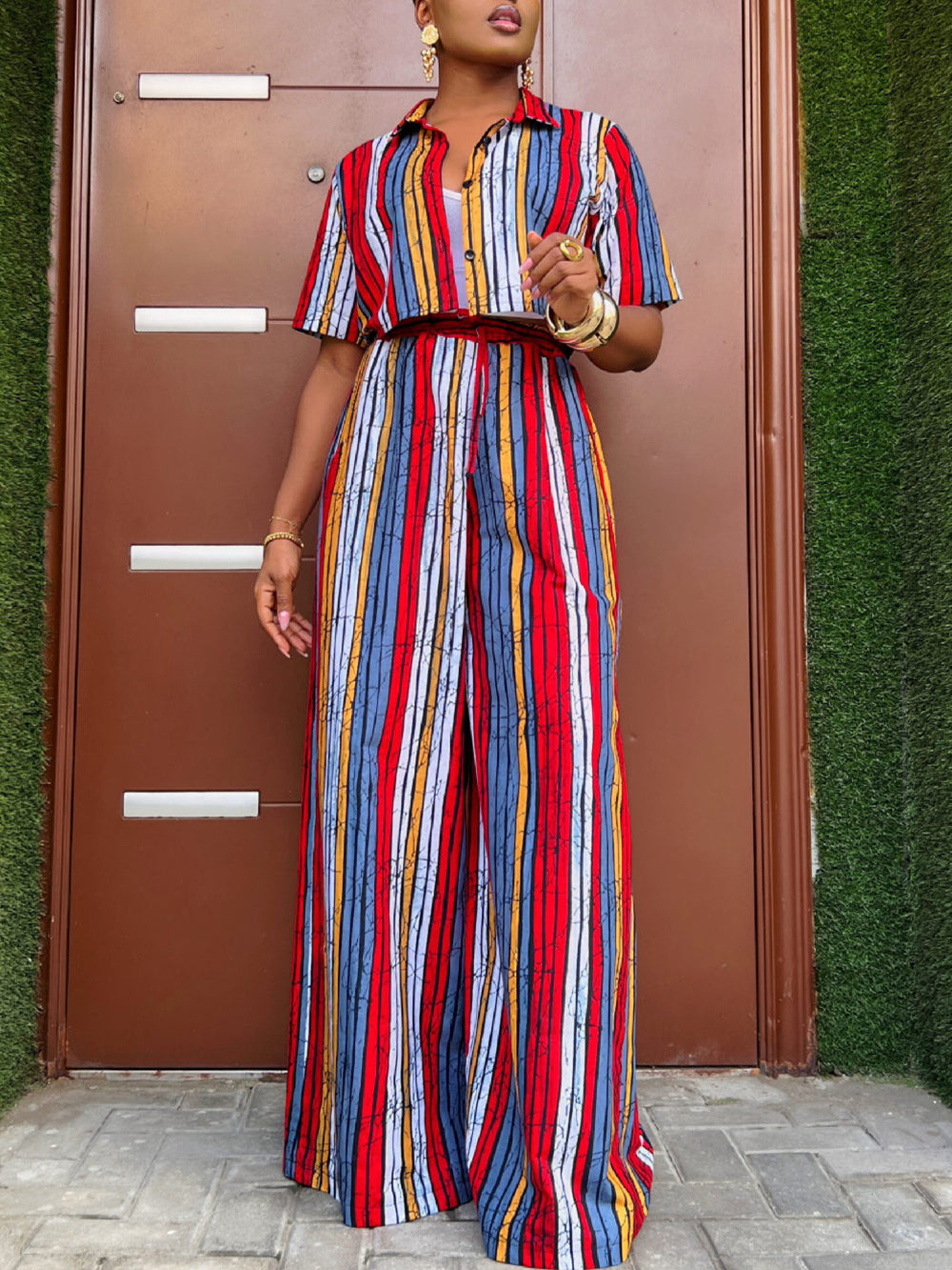 Striped Shirt Wide Leg Pants Set