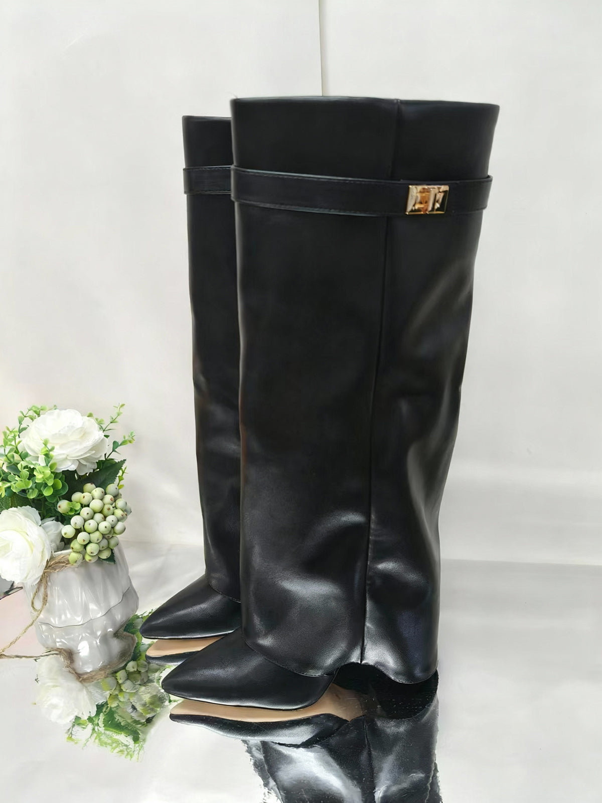 Metal Buckle Pointed Toe Knee High Boots