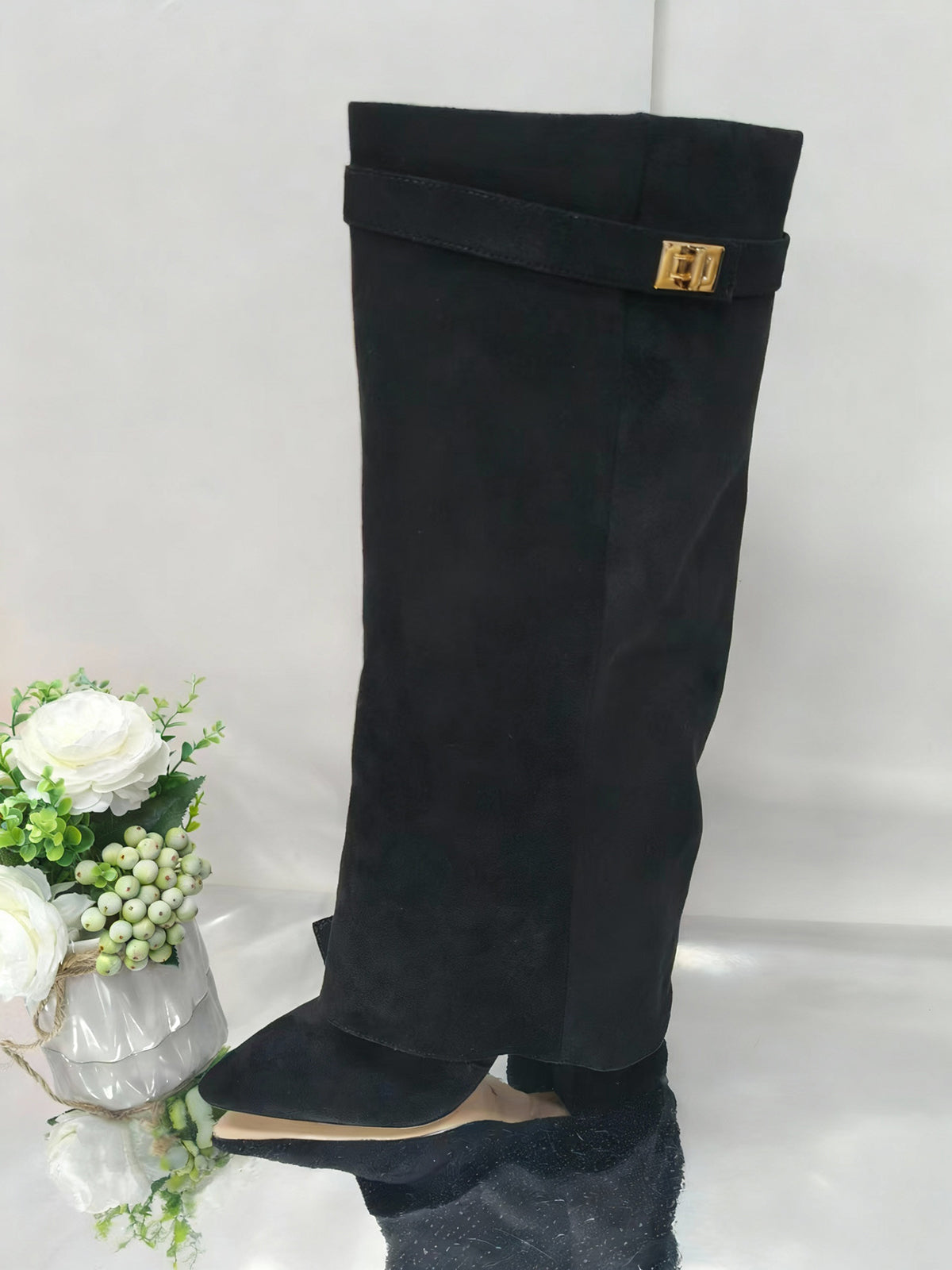 Metal Buckle Pointed Toe Knee High Boots