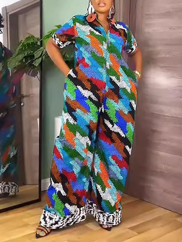 Print Zipper Wide Leg Jumpsuit