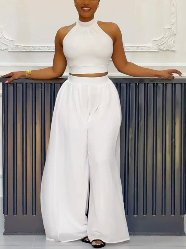 Two-Piece Halter Neck Top Wide Leg Pants Set