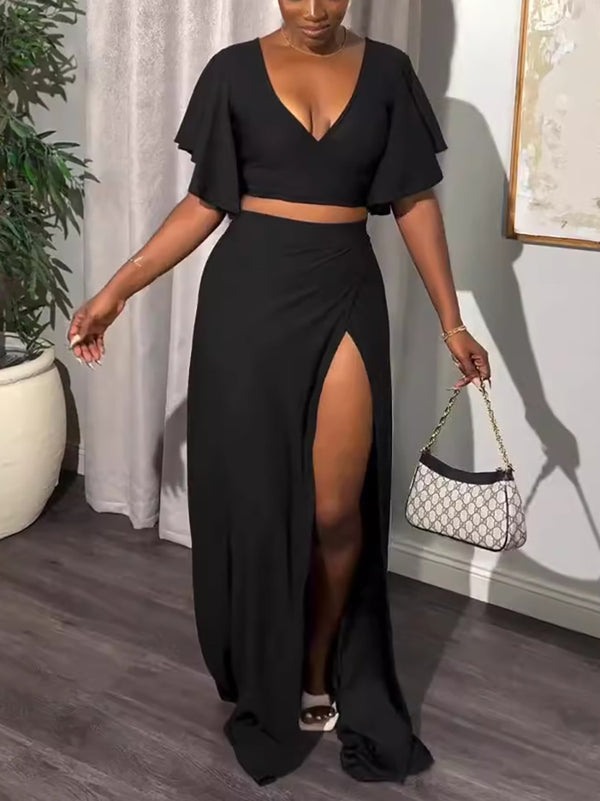 Two-Piece Bell Sleeve Slit Skirt Set