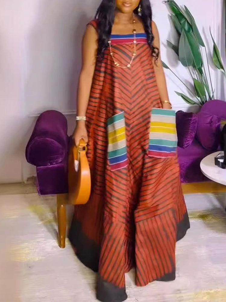 Mono de pierna ancha con bolsillos y estampado de tirantes 