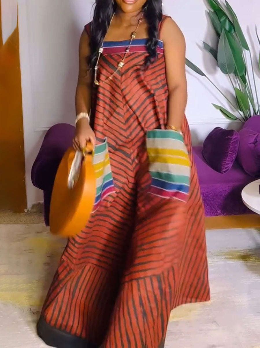 Mono de pierna ancha con bolsillos y estampado de tirantes 