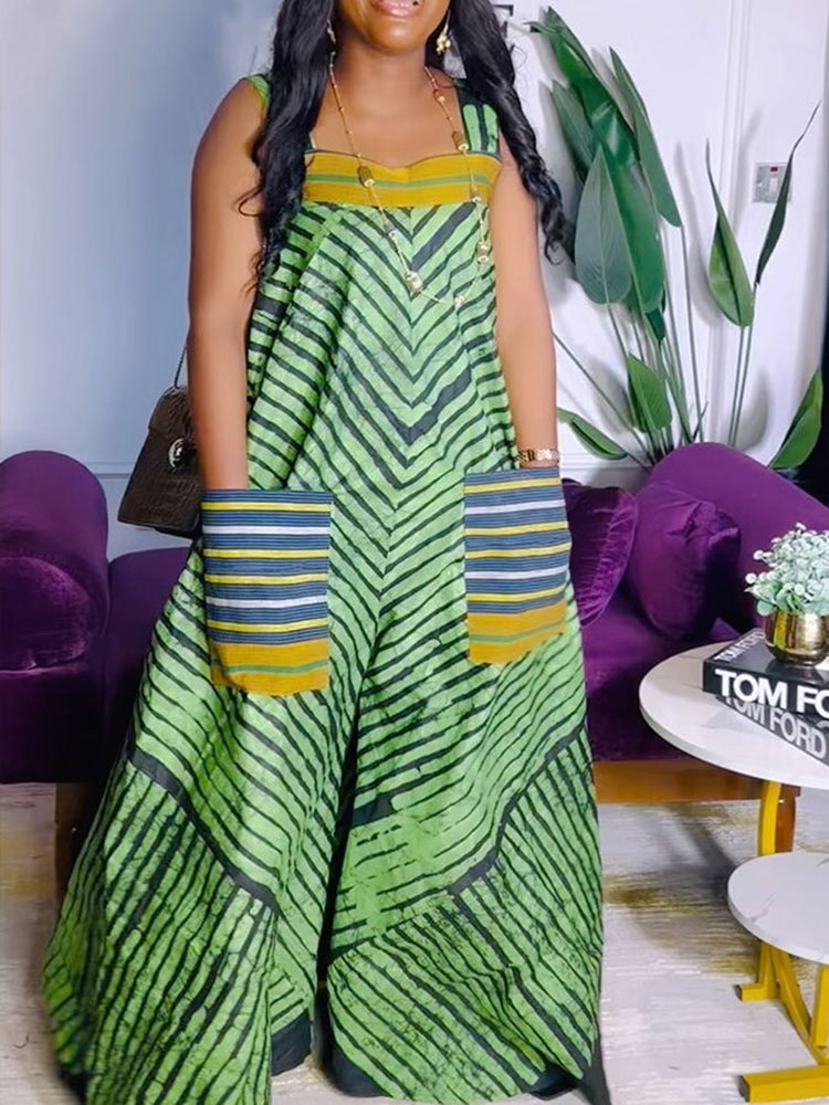 Mono de pierna ancha con bolsillos y estampado de tirantes 