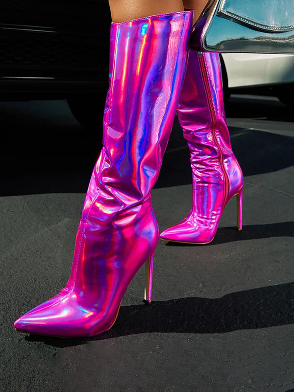 Colorful Shiny Pointed Toe High Heel Boots