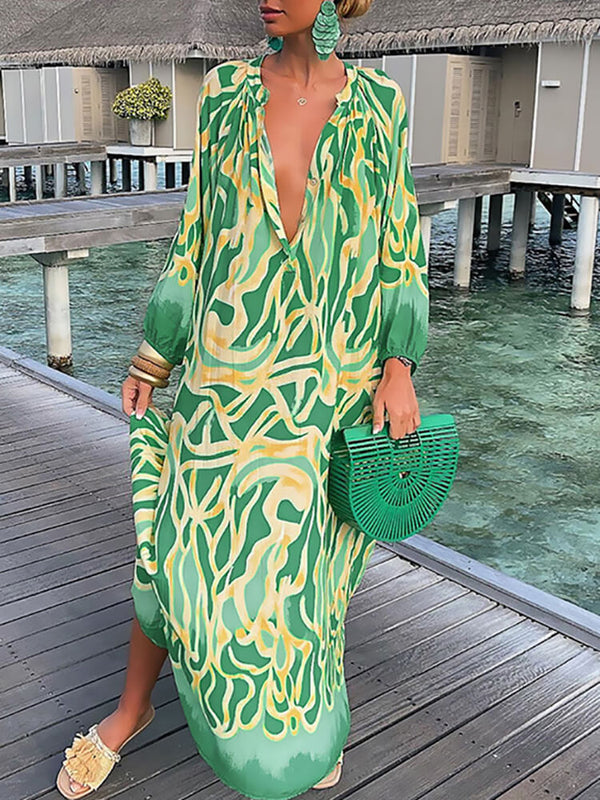 Long Sleeve V Neck Floral Print Maxi Dress