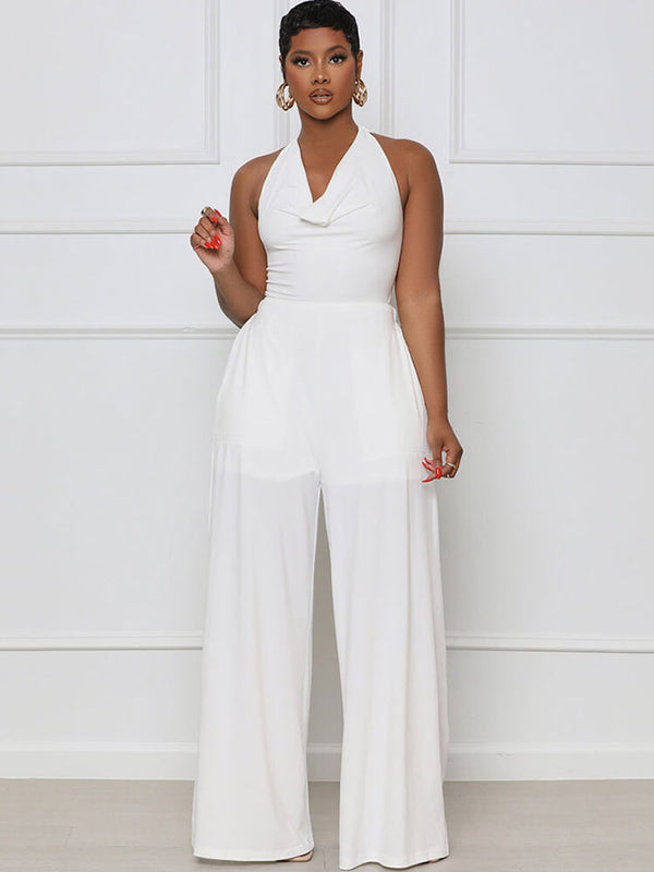 Halter Neck Backless Lace Up Wide Leg Jumpsuit