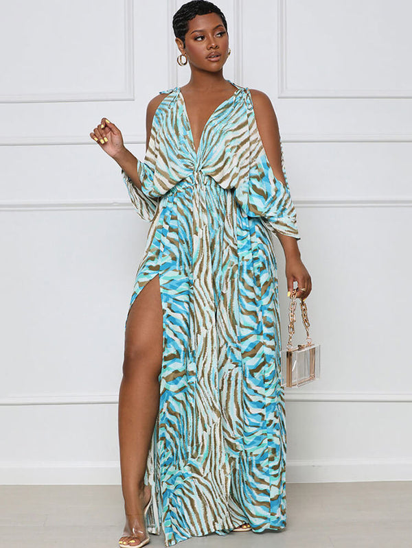 Long Sleeve Printed Off Shoulder Maxi Dress