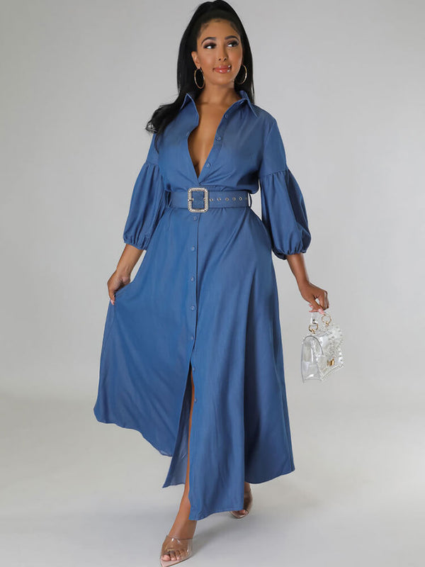 Denim Lantern Sleeve Bodycon Maxi Dress