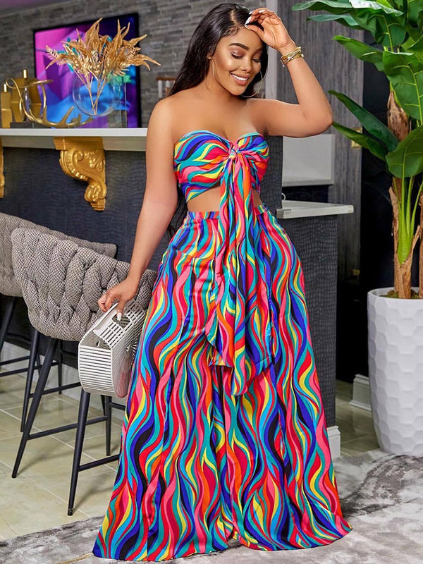 Two Piece Colorful Tube Top Wide Leg Pants