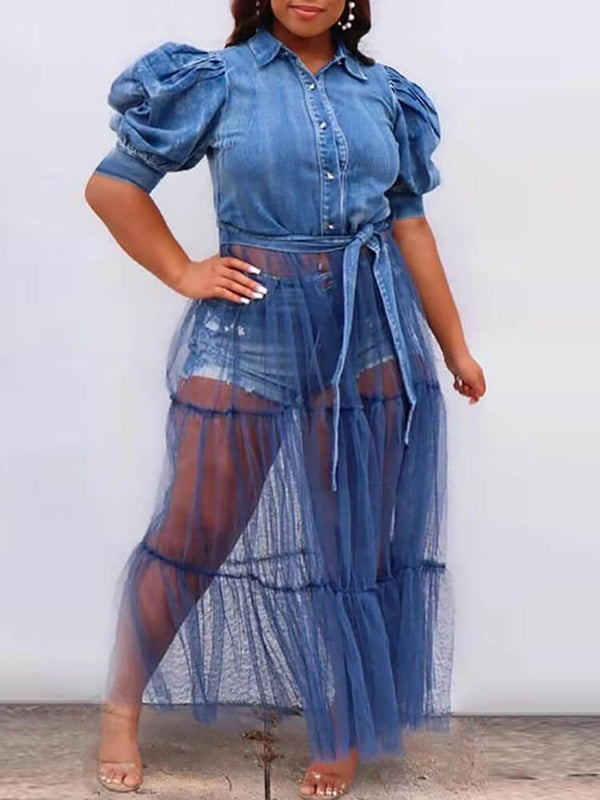 Denim Mesh Patchwork Short Sleeve Top